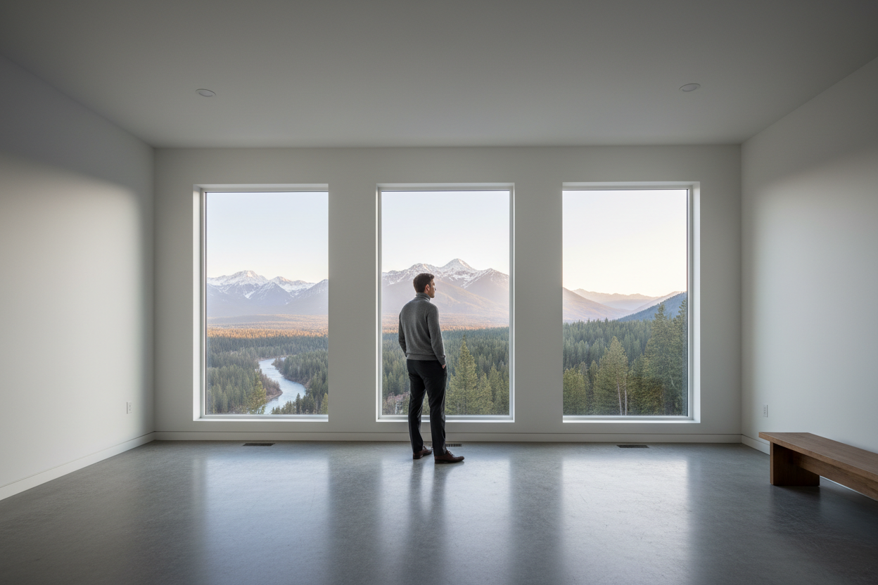 Man in empty room with windows and landscape